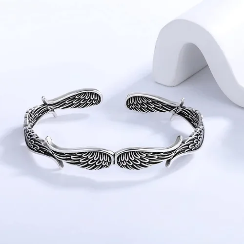 Vista 6 de RIOSO Juego de 3 pulseras de plata para hombres y mujeres, con diseño de alas de ángel, plumas, hojas de ángel, juego de pulseras, Sin gemas.