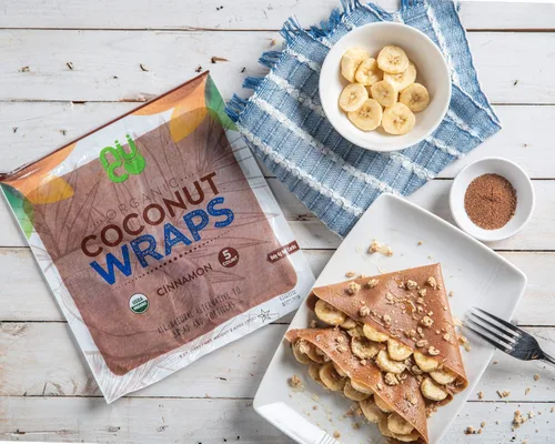 Vista 2 de NUCO Todo natural, orgánico certificado, paleo, sin gluten, vegano sin OMG, Kosher Raw Veggie Coconut Wraps sabor canela. Sin sal añadida, bajo