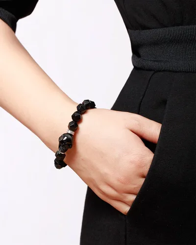 Vista 5 de XHUUU Pulsera de 7 chakras con estatua de calavera para mujeres y hombres, obsidiana negra, corte estrella, cristales reales y piedras curativas