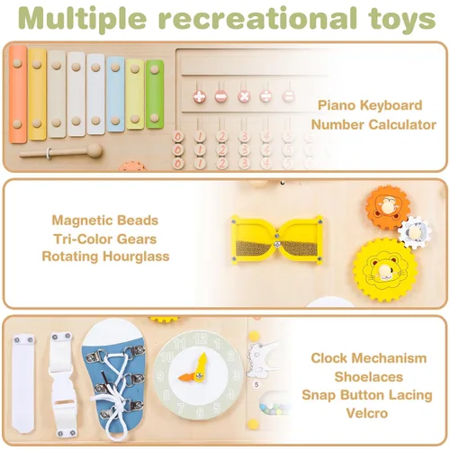 Vista 6 de Foldable Wooden Playpen, Natural Wood Baby Playpen with Adjustable Size and Shape, Portable Includes 2 Game Boards, 10+ Toy Set, Suitable for Indoor