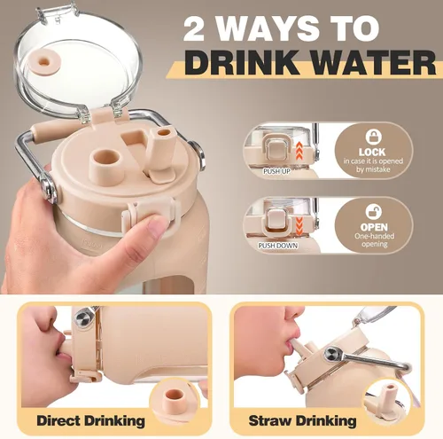 Vista 2 de BLUEGO Botella de agua de vidrio de 64 onzas con mango de acero inoxidable, botella de agua grande con marcadores de tiempo y funda de silicona Ámbar