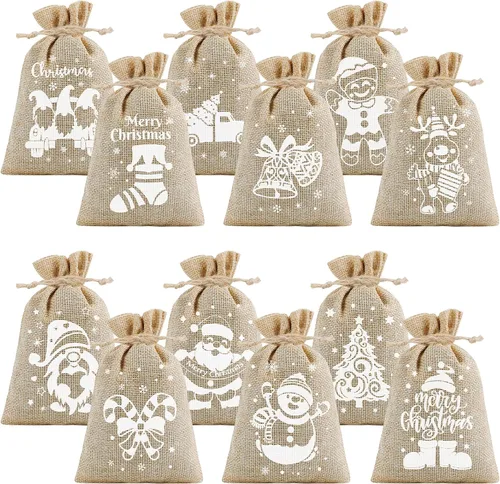 Vista 8 de CCINEE 36 pzas bolsas de lino navideñas con cordones, bolsas de regalo de arpillera navideña con cordones dobles de yute, 4 diseños: muñeco de 36