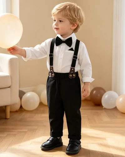 Vista 4 de SALNIER Conjunto formal de esmoquin para niños pequeños B-Negro