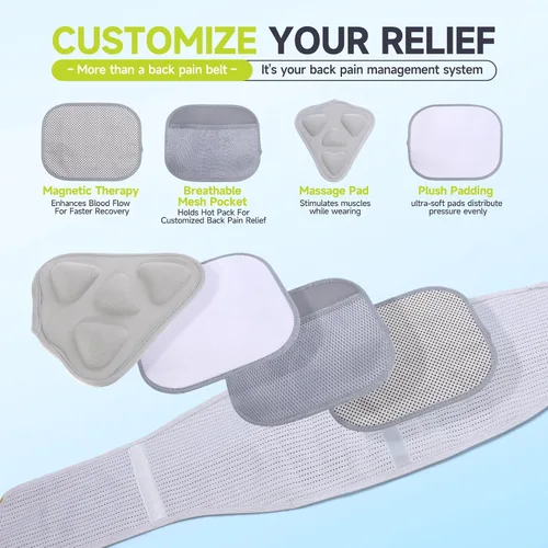 Vista 3 de Cinturón de apoyo lumbar para mujeres y hombres con 4 almohadillas lumbares extraíbles, correas ajustables, estancias de acero y resina. Soporte