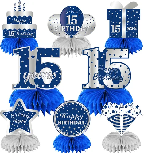 Vista 8 de 8 centros de mesa de panal azul plateado para décimo cumpleaños de niños, suministros de fiesta de cumpleaños para decoración de mesa, decoración