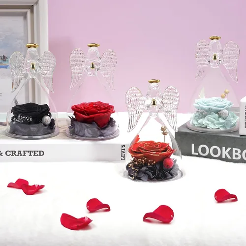 Vista 8 de Miofula Regalos para mamá, regalos de cumpleaños para mujeres, flores preservadas en figuras de ángel de cristal, flores frescas para entrega, Rosa