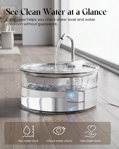 Vista 3 de Tomxcute Glass Cat Water Fountain - 108oz/3.2L Ultra-Quiet Cat Fountain for Drinking, Elegant Easy to Clean Glass Pet Water Fountain for Cats, Small