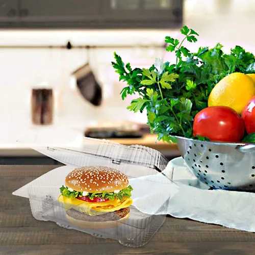 Vista 2 de Kaderron Contenedor de plástico desechable con bisagras – 70 recipientes de alimentos transparentes con forma de almeja, tamaño interno de 6.3