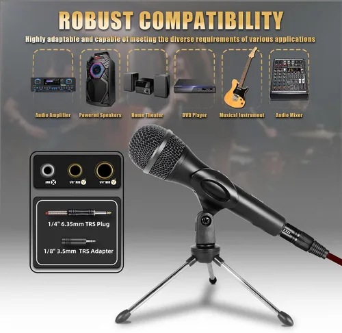Vista 3 de Micrófono dinámico profesional para cantar micrófono de karaoke con cable de audio XLR de 16 pies a 1/4 pulgadas, micrófono de mano vocal