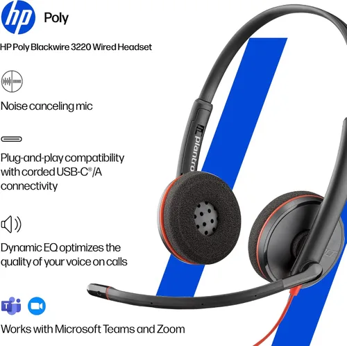 Vista 2 de Poly Blackwire 3220 - Auriculares con cable con micrófono, sonido estéreo de alta fidelidad, micrófono con cancelación de ruido, diseño estéreo, se
