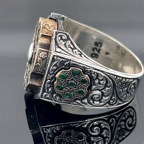 Vista 4 de Men Handmade Emerald Stone Ring, Rotating Split Ring, Micro Stone Ring, Ottoman Style Silver Ring, 925k Sterling Silver Ring