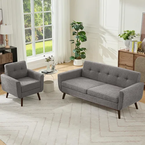 Vista 7 de Kingfun Juegos de muebles de sala de estar, estándar y otomano, sofás de decoración moderna de mediados de siglo, muebles tapizados con botones Beige