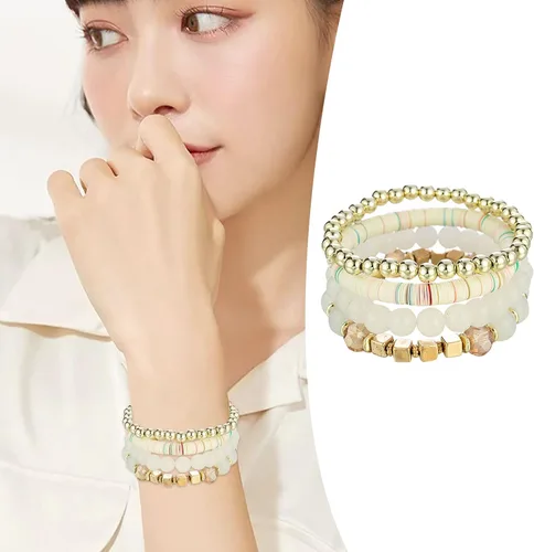 Vista 2 de Pulseras apilables de cuentas para hombre y mujer juego de pulseras elásticas multicapa joyería multicolor reloj de correa de cuero para hombre