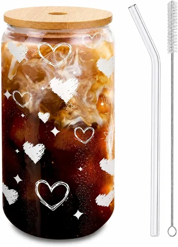 Vista 13 de Tazas de vidrio con tapas y pajitas de 16 onzas, set de 16 – Tazas de café helado para fiestas navideñas, reuniones familiares y anfitrionaje diario