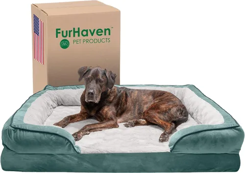 Vista 26 de Furhaven Funda de repuesto para cama de perro, estilo sofá, de pelo sintético y terciopelo, color salvia oscura, talla M
