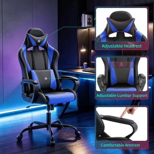 Vista 7 de FDW Gaming Chair PU Leather Computer Chair Executive Headrest Lumbar Support Ergonomic Racing Desk Chair with Armrests 360° Swivel & Caster Five Blue