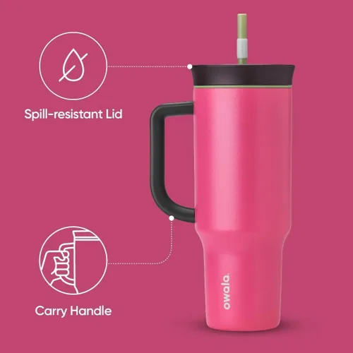 Vista 8 de Owala Vaso de viaje aislado de acero inoxidable de triple capa con tapa resistente a derrames, popote y asa de transporte, sin BPA, 40 onzas, rosa