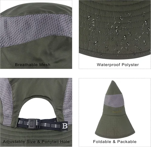 Vista 6 de Sombrero de cola de caballo para mujer, ala ancha, protección UV, malla para playa, pesca, jardinería