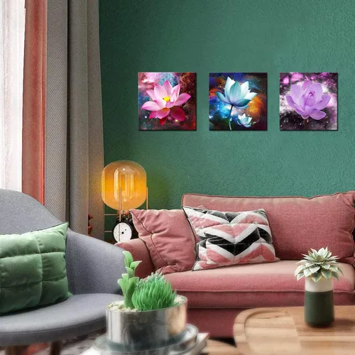Vista 2 de Biuteawal 3 paneles de flores arte de pared de loto floreciente imagen elegante rosa azul púrpura pintura floral lienzo enmarcado moderno hogar
