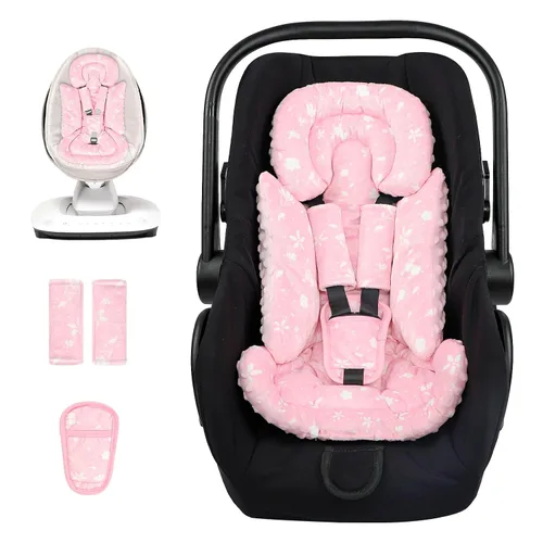 Vista 9 de Inserto de asiento de automóvil infantil con 3 fundas de correa, soporte de cabeza de asiento de automóvil suave para niñas bebés, tela de felpa