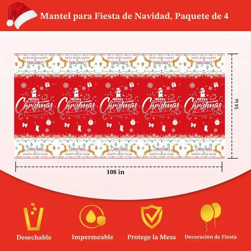 Vista 8 de Paquete de 3 manteles navideños desechables de plástico, manteles de mesa navideños rectangulares rojos para fiestas, con estampado de árbol