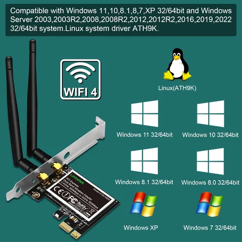 Vista 4 de PCIE-N600 Wireless N 600Mbps (2.4GHz 300Mbps y 5GHz 300Mbps) Adaptador WiFi PCIE, tarjeta WiFi PCIE, adaptador de red inalámbrica QUALCOMM Atheros