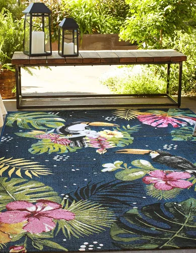 Vista 3 de Unique Loom Outdoor Botanical Collection - Phipps - Alfombra rectangular de 2 x 3 pies, multicolor y azul