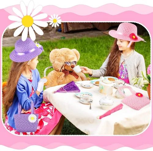 Vista 6 de Juego de 48 piezas de disfraces para fiesta de té para niñas, incluye guantes de fiesta de té y sombrero, boa de plumas para niños, bolsos, abanicos