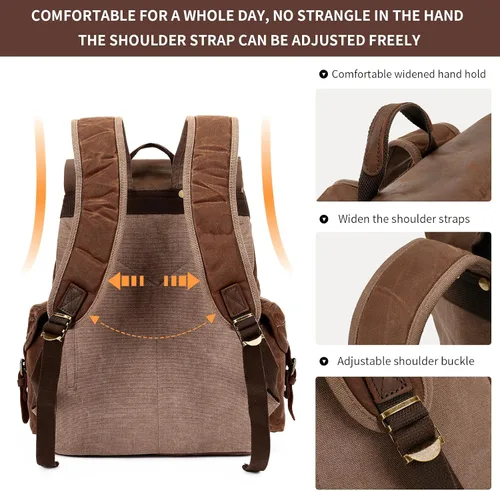 Vista 5 de HuaChen Mochila vintage de lona encerada con solapa de cuero genuino, mochila de viaje y trabajo, resistente al agua con bolsillo antirrobo, grande