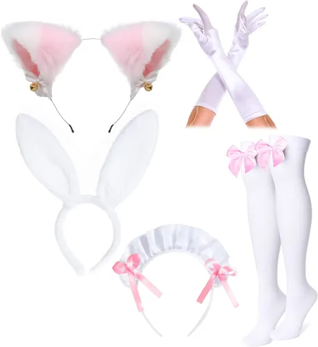 Vista 5 de Disfraz de conejito de sirvienta francesa de anime para niñas, vestido de cosplay con orejas de gato peludo