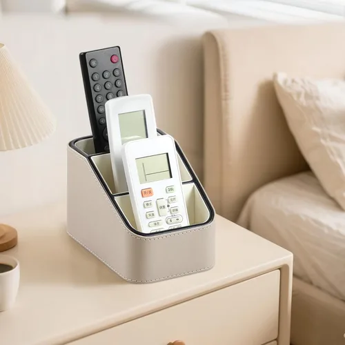 Vista 5 de Soporte para control remoto de piel sintética, organizador de escritorio pequeño, suministros de oficina, mesita de noche para mesa auxiliar, Beige