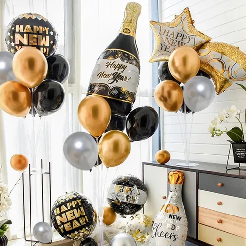 Vista 6 de Juego de 60 globos de color negro dorado y plateado, 60 globos metálicos cromados dorados y plateados de 12 pulgadas para cumpleaños, boda
