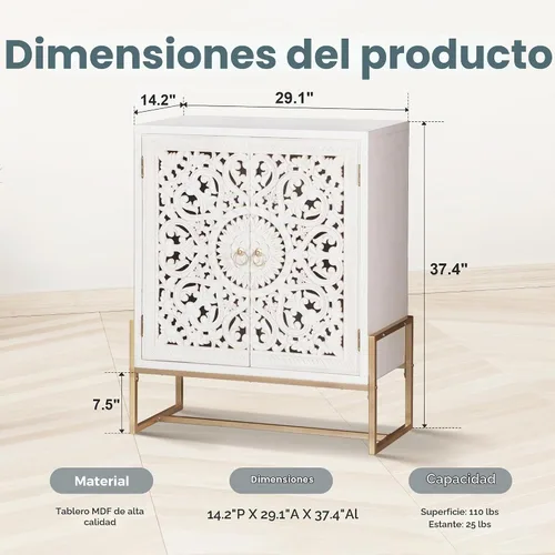 Vista 2 de PHI VILLA - Armario decorativo blanco con puerta, gabinete de buffet tallado hueco