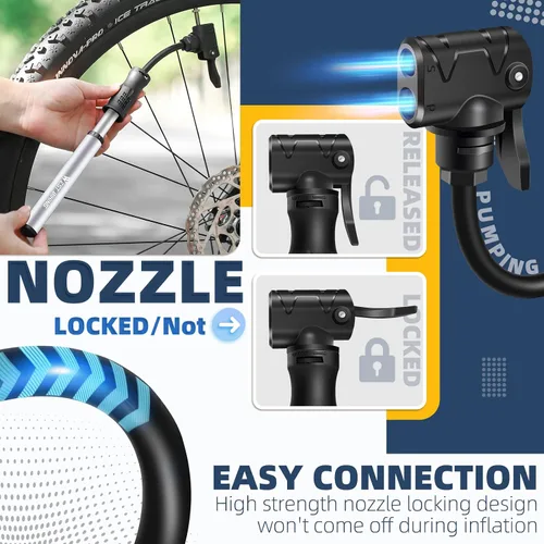 Vista 5 de Bomba de bicicleta Mini bomba de bicicleta – Bomba de ciclo de aleación de aluminio para válvula Presta y Schrader, bomba de neumáticos de bicicleta
