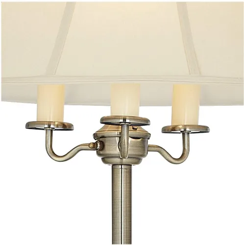 Vista 7 de Regency Hill, lámpara de pie de latón envejecido Montebello Shabby Chic Standing Pole Antique Gold Metal Off White Bell Shade Candelabra Decor for
