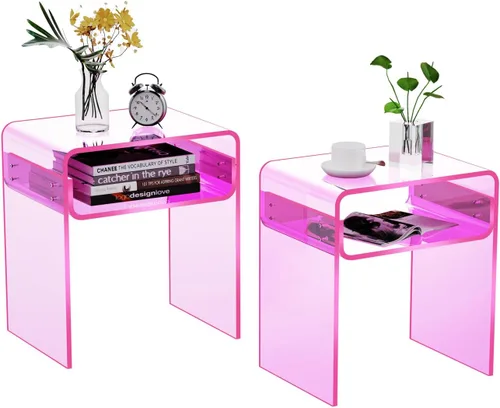 Vista 22 de Mesa auxiliar de acrílico transparente de 2 niveles Mesa de noche para sala de estar, dormitorio, decoración del hogar (Negro)