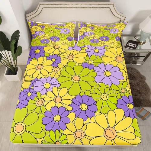 Vista 14 de Juego de ropa de cama con diseño floral bohemio, tamaño individual, diseño retro de flores groovy, 60S y 70S, diseño de flores hippie para niños