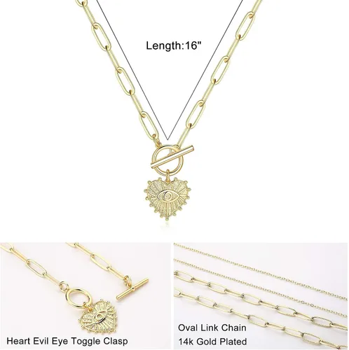 Vista 3 de Candro Collar de ojo turco chapado en oro de 14 quilates para mujer, collar de clip de papel con hebilla OT de moda, collar de corazón
