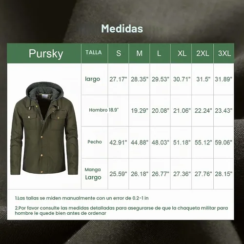 Vista 7 de Pursky Chaqueta de lona de algodón militar casual para hombre con capucha desmontable Verde militar