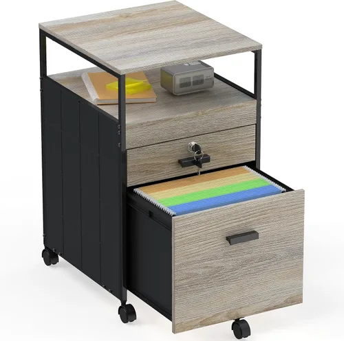 Vista 9 de SHW Archivador de caja móvil con estante abierto y cajón con cerradura, color negro