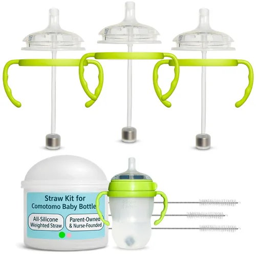 Vista 10 de Kit de conversión de vasos para biberones Comotomo, 2 unidades, pezones de silicona de grado alimenticio, popote con peso de silicona, asas