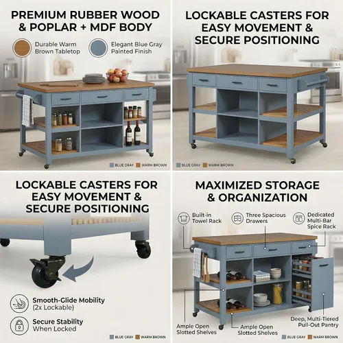 Vista 3 de LUMISOL 52" Kitchen Cart with Rubber Wood Top & Pull-Out Pantry, Blue Gray