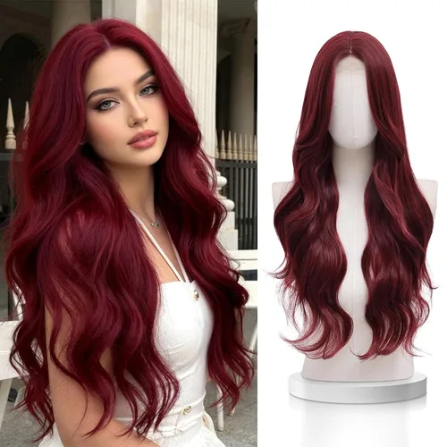 Vista 25 de VERNA - Peluca rubia con flequillo, peluca sintética de aspecto natural, rizada, ondulada de 26 pulgadas, resistente al calor, estilo de parte media