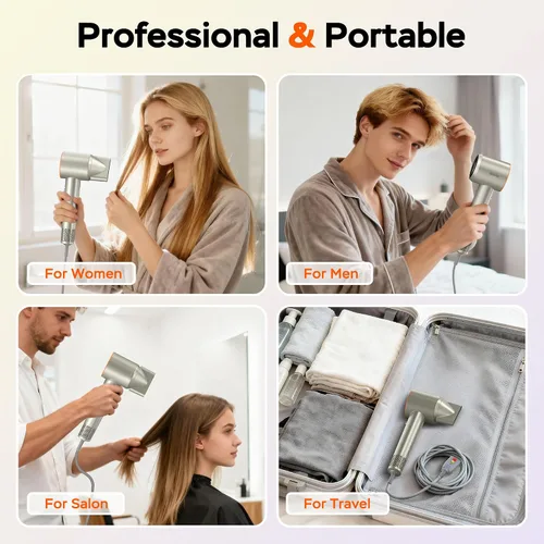 Vista 7 de Secador de pelo iónico, secador de pelo de alta velocidad de 1600 W, secado rápido, bajo ruido, portátil, ligero, profesional, 4 ajustes de calor