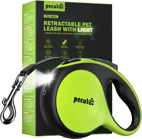 Vista 10 de Pecute Correa retráctil para perro con linterna, correa retráctil resistente de 26 pies para mascotas con luz, control de un botón, protección