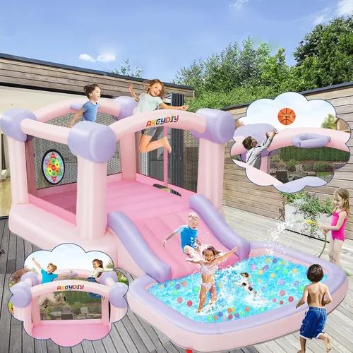 Vista 7 de AKEYDIY Pastel Dream Casa de Rebote para Niños de 3-10, Casa de Rebote de Agua de 161x82x63 pulgadas con Tobogán, Piscina de Pelotas/Foso