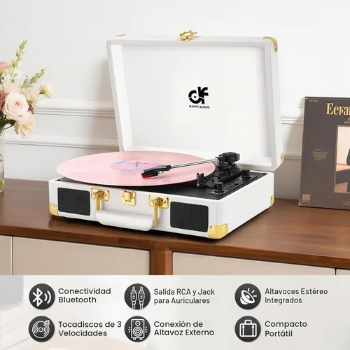 Vista 3 de Tocadiscos de vinilo Bluetooth, tocadiscos portátil vintage de 3 velocidades con 2 altavoces integrados, grabación USB, tocadiscos