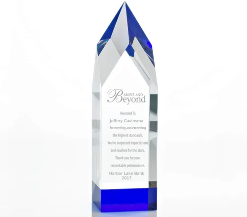 Vista 8 de Baudville Trofeo grabado – Cristal – Azul en la base – Premio para empleados – Grabado personalizado – Viene en caja de regalo