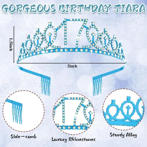 Vista 3 de Crowye Decoraciones de cumpleaños número 17, corona de tiara de 17 años, banda, decoración para tartas, velas, suministros para fiestas, regalos Azul