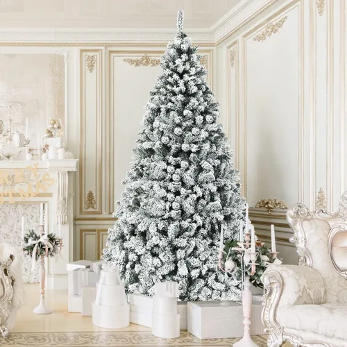 Vista 22 de COSTWAY Árbol de Navidad flocado de nieve de 6 pies, pino artificial con bisagras Blanco